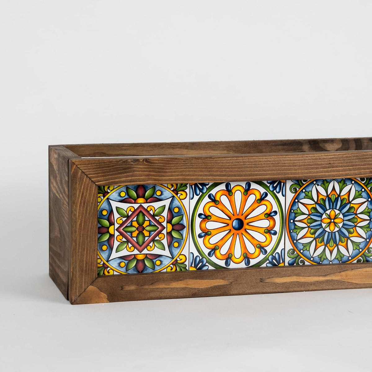 MIODUO DECOR 20 Inch Talavera Style Cedar Wood Planter Box, Authentic Mexican Tile Window Sill Container for Succulent Arrangements and Herb Gardens