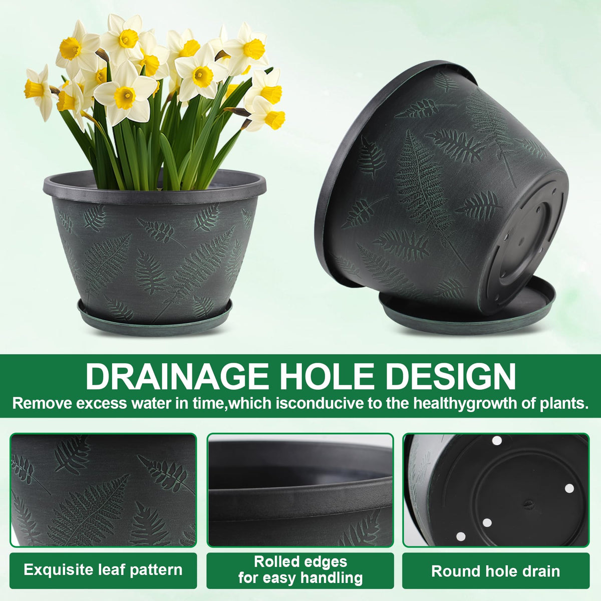 11 inch Plant Pot Set of 3, Plastic Flower Pots with Drainage Holes & Tray