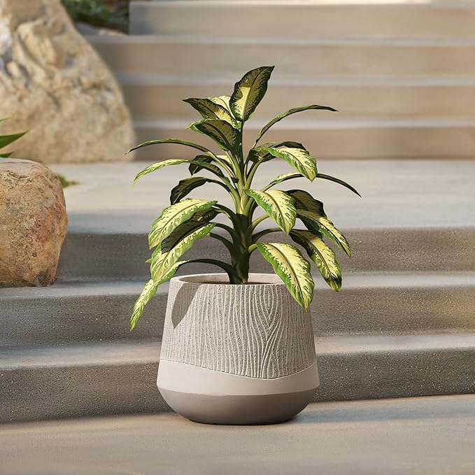 LuxenHome 12" Dia Concrete Round Planter, Large Outdoor Indoor Plant Pot with Drainage Hole and Rubber Plug, Flower Pot for Plants, Blended Tan with Wood Pattern Planter for Home Garden Patio