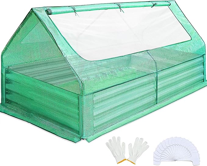 Quictent 6x3x1ft Galvanized Raised Garden Bed with Cover Metal Planter Bottomless Box w/ 2 Large Screen Windows Mini Greenhouse 20pcs T-Tags 1 Pair Gloves Outdoor Growing Vegetables (Green)
