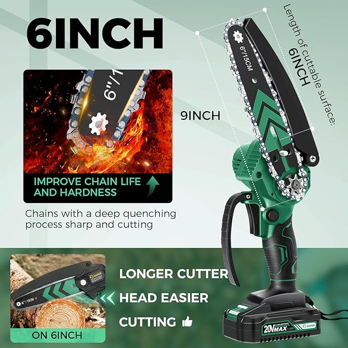Saker Mini Chainsaw,6 Inch Portable Electric Chainsaw Cordless, Small Handheld Chain saw for Tree Branches,Courtyard, Household and Garden,Gift for Men Dad(SK1806D-G)