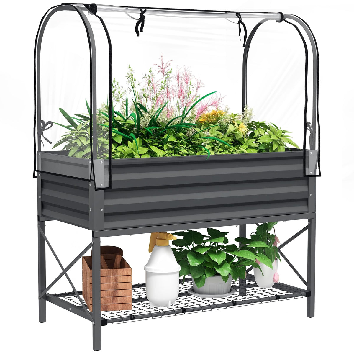 Outsunny Raised Garden Bed with Cover and Storage Shelf, Dark Gray