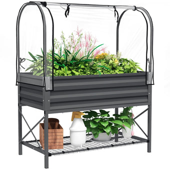 Outsunny Raised Garden Bed with Cover and Storage Shelf, Dark Gray