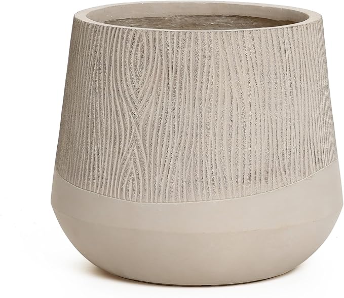 LuxenHome 12" Dia Concrete Round Planter, Large Outdoor Indoor Plant Pot with Drainage Hole and Rubber Plug, Flower Pot for Plants, Blended Tan with Wood Pattern Planter for Home Garden Patio