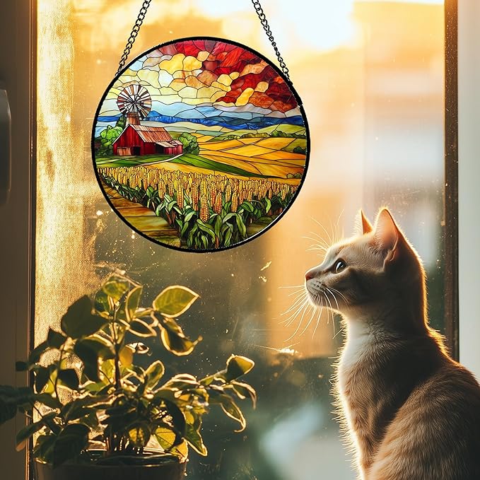 HWRHTR Stained Glass Window Hanging Autumn Farm Corn Harvest Landscape 7.8" - Suncatcher Garden Door Sun Catcher Home Decor Birthday Christmas for Woman Mom Friend Men Nana