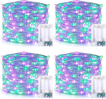 JMEXSUSS 4 Pack 50 LED Purple and Green Fairy Lights Battery Operated, 16ft String Fairy Lights for Tree Party Holiday Decor