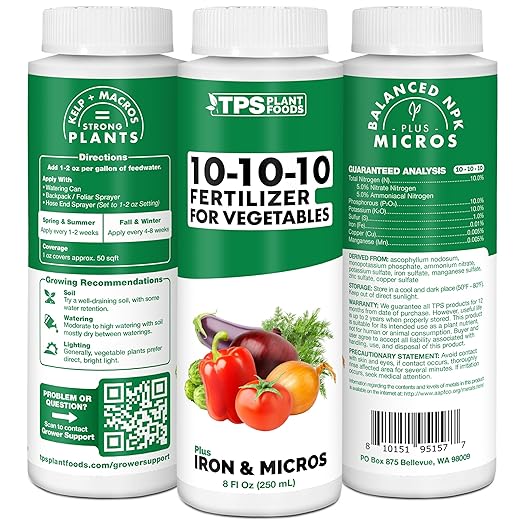 TPS NUTRIENTS Liquid 10-10-10 Fertilizer for Vegetables, Triple Ten NPK Plus Iron and Micros, Liquid Plant Food 8 oz (250mL)