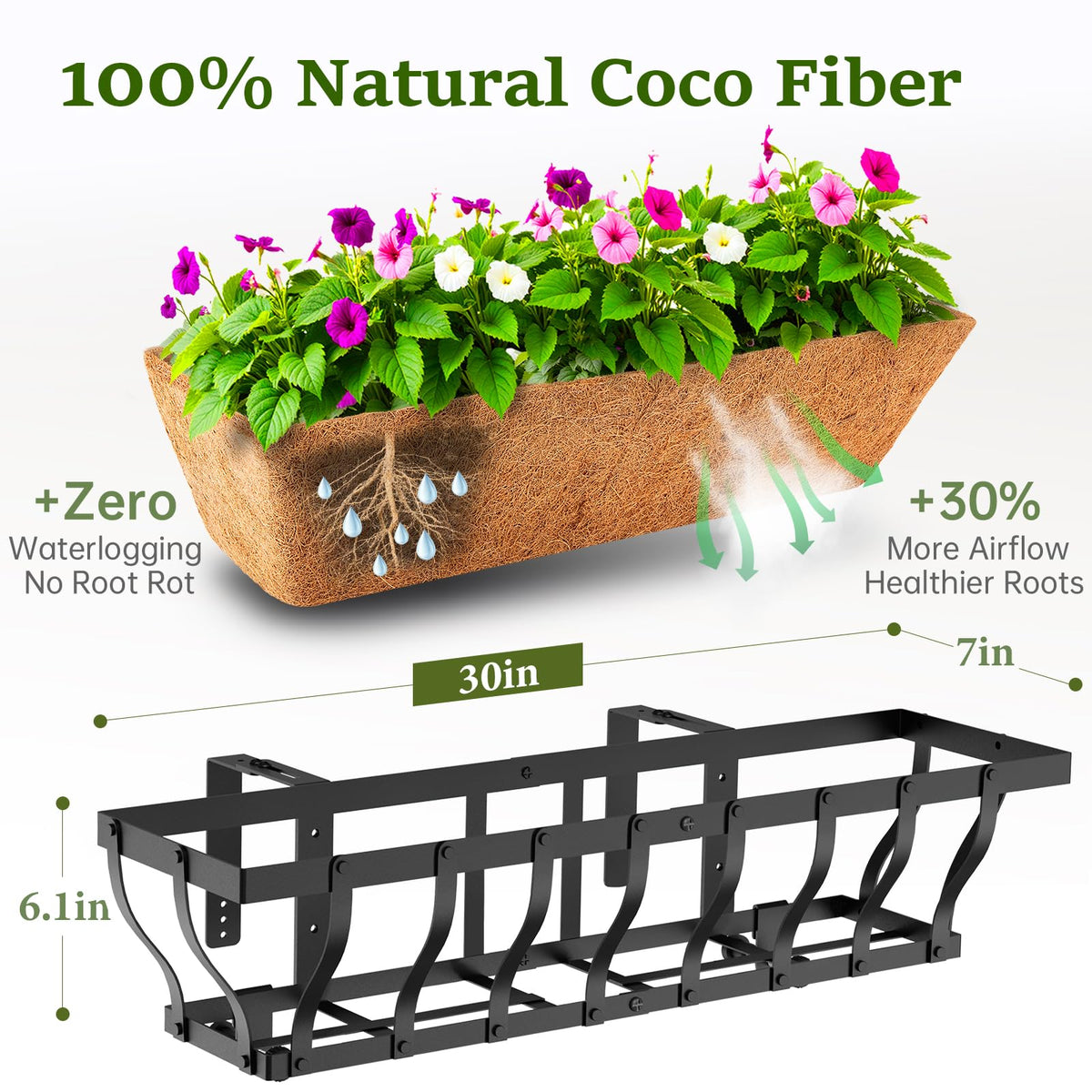 VOXOR Railing Planter Boxes, Heavy Duty Window Box Planters, Adjustable Balcony Planters for Railing Hanging, with Coco Liner for Deck, Porch, and Patio Gardening (3 Pack, 30 Inch)