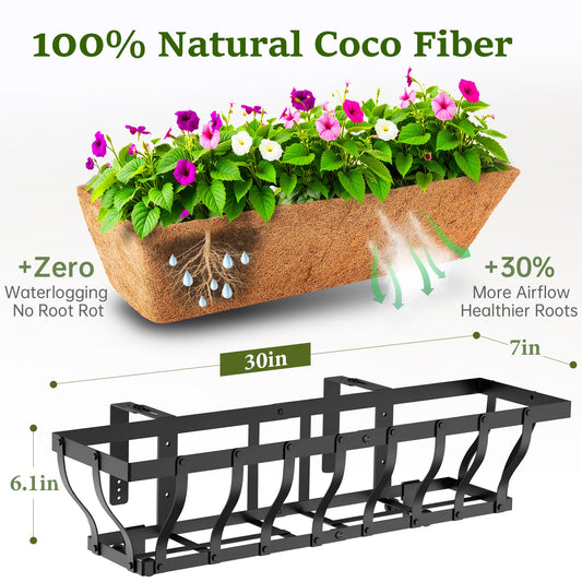VOXOR Railing Planter Boxes, Heavy Duty Window Box Planters, Adjustable Balcony Planters for Railing Hanging, with Coco Liner for Deck, Porch, and Patio Gardening (2 Pack, 30 Inch)