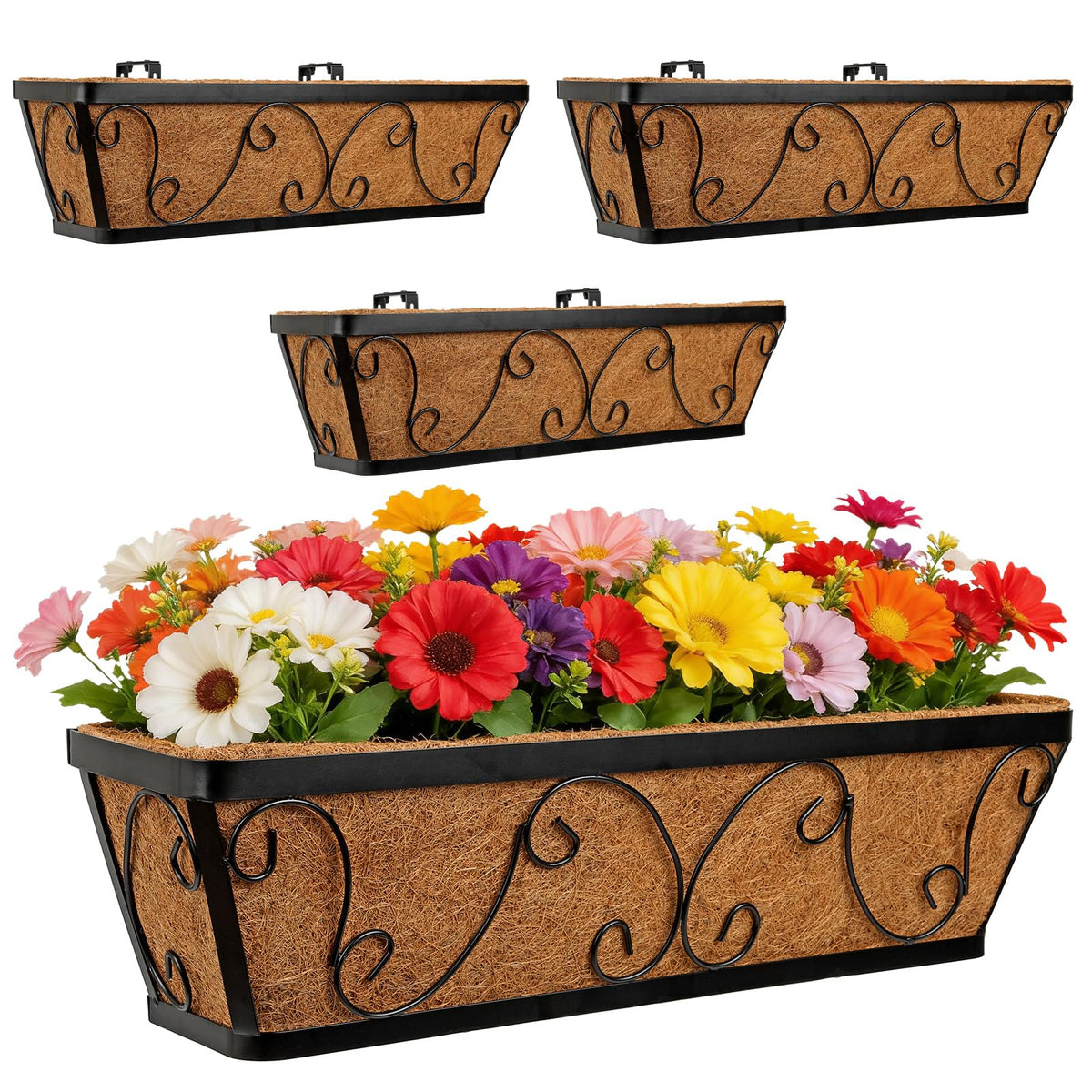 Nature Crafted 24 Inch Window Box Planter with Adjustable Brackets for Hanging Outdoor Plants, 4 Pack Railing Planter Boxes with Coco Liners for Balcony Deck Porch & Patio Garden Decor, Black