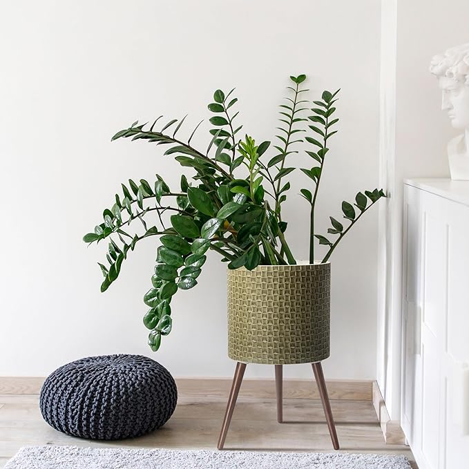 D'vine Dev 16 Inch Modern Geometric Tile Patterned Sleek Planter Pot with Stand, Indoor Outdoor Decorative Plant Holder, Distressed Olive, 88-Z-E-4