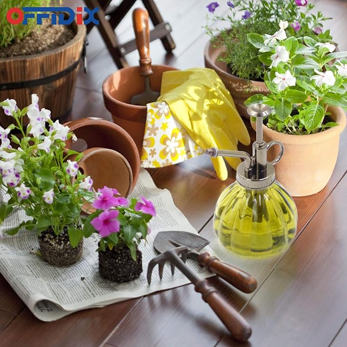OFFIDIX Plant Mister,Glass Spray Bottle Small Watering Can Indoor 6.3" Tall Vintage Pumpkin Style Plastic Top Pump One Hand Mister Spray Bottle for Indoor Potted Plants (Olive Green)
