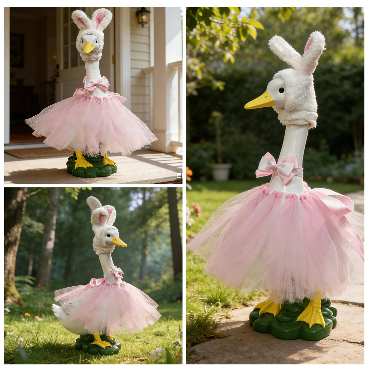 Large Porch Goose Statue with Pink Plush Rabbit Outfit, Garden Porch Decor