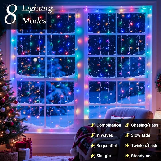 200 LED Rainbow Curtain String Lights 9.8 * 6.6FT Plug in Fairy with Timer and 8 Modes, Waterproof Window Wall Lights for Bedroom Wedding Party Indoor Outdoor Christmas Decor
