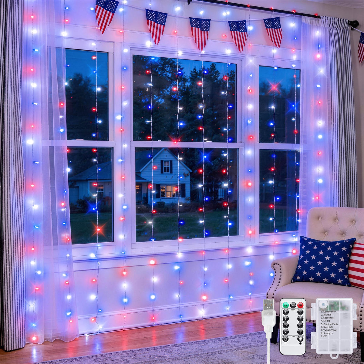 JMEXSUSS 200 LED Red White and Blue Curtain Lights