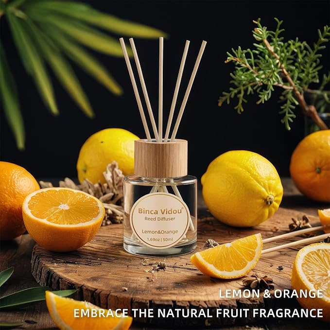 Reed Diffuser Set, Binca Vidou Lavender Orange & Lemon Natural Scent Oil Diffusers with Sticks for Home Office Bathroom Aromatherapy Decor 1.69oz x 2