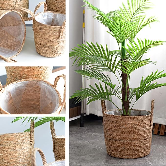 Woven Straw Flower Pot, Sea-Grass Planter Basket, Wicker Rattan Vase Sundries Organizers Storage Bins, Hand Woven Basket Planter with Plastics Liners and Handle - L 8.26x10.63inch