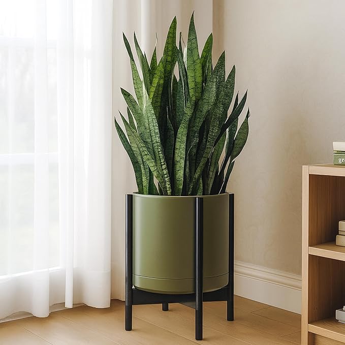 D'vine Dev Ceramic Planter with Ebony Stand - 14 Inch Modern Round Flower Pot with Wood Planter Holder, Olive, 55-B-S-J