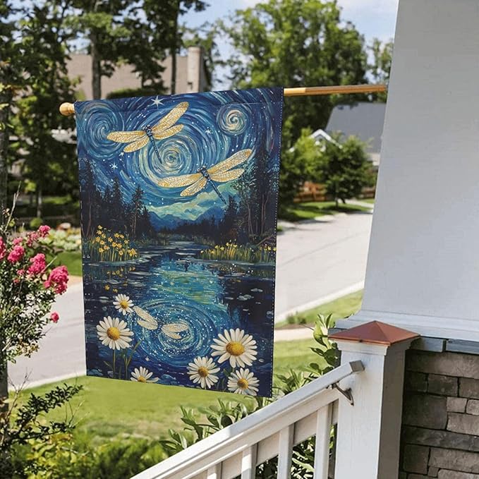 Night Dragonflies Garden Flag 12x18 Inch Double Sided All-Weather Polyester Outdoor Flag For Patio Lawn Yard And Garden Welcome Decor