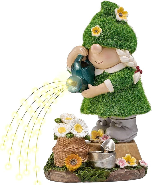TERESA'S COLLECTIONS Garden Gnome Ornaments with Solar Outdoor Lights for Garden Decor, Lady Gnome Watering Flower Resin Outdoor Christmas Decorations Gifts for Women and Man 7.9"