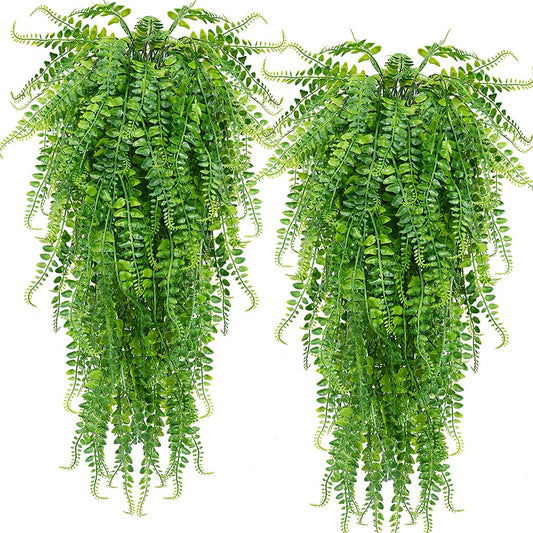 CLONG 2 pcs Artificial Hanging Ferns Plants Vine Fake Ivy Boston Fern Hanging Plant Outdoor UV Resistant Plastic Plants (2, Green)
