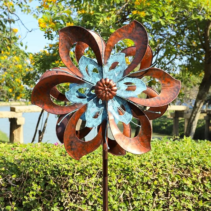 Pure Echo Garden Wind Spinner,Flower Wind Spinner,Outdoor Metal Wind Sculpture & Spinner Large 23 inch Dia 84 inch Height Kinetic Windmill for Garden Yard