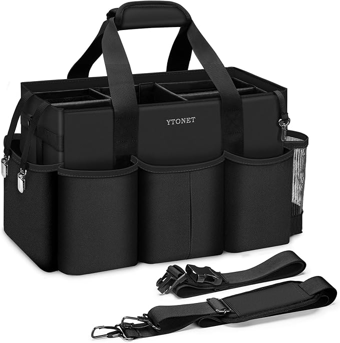 Ytonet Extra Large Cleaning Caddy Bag with 4 Foldable Dividers, Wearable Cleaning Caddy Organizer with Handle & Shoulder Strap & Waist Strap, Housekeeping Tote for Cleaners, Black Grey