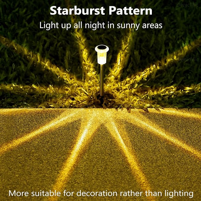 DenicMic Solar Lights Outdoor 15 Pack Waterproof 3000K Warm White LED Stainless Steel Stake Outside Lights for Yard Pathway Garden Driveway Walkway Landscape Path Lighting