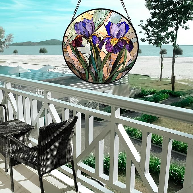 HWRHTR Stained Glass Window Hanging, Purple Blue Iris Birth Flower Suncatcher for Doors Garden Yard Sun Catchers Decor Christmas Mother's Day Birthday Gifts for Teacher Women Mom Nana Wife 15 in