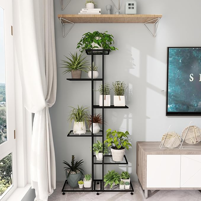 Plant Stand Indoor Outdoor Plant Stands for Patio 6 Tier Tall Plant Stand Metal Flower Shelf Multilayer Flower Holder Modern Black Corner Decoration Racks for Gardern,Balcony,Hallway (6-Tier)