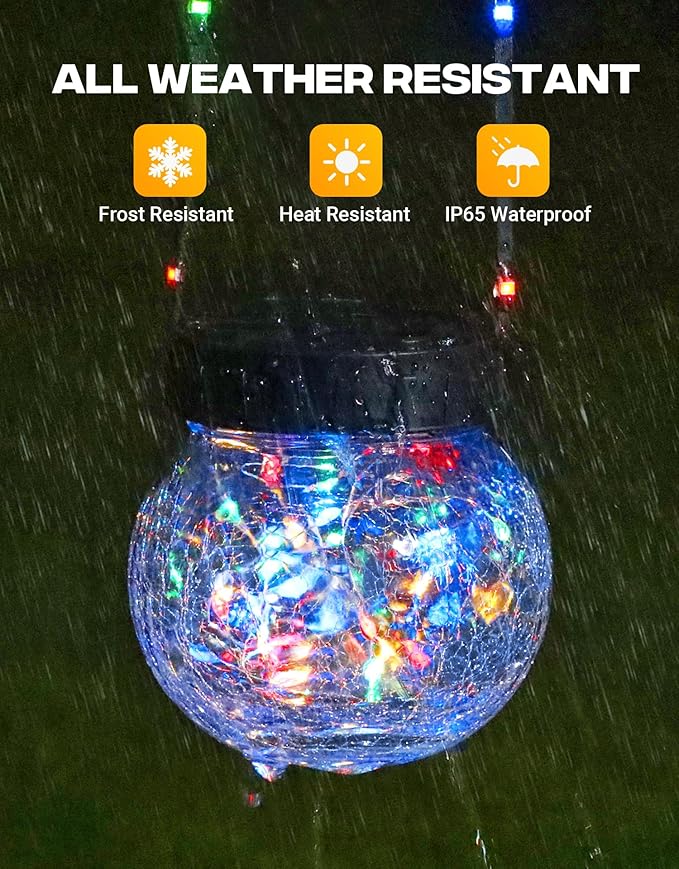 PARTPHONER Solar Lights Outdoor Waterproof 12-Pack, Solar Powered Hanging Lantern Cracked Glass Hanging Globes for Yard Decor Christmas Decoration, Shepherd Hook, Garden Tree Ornaments, RGB