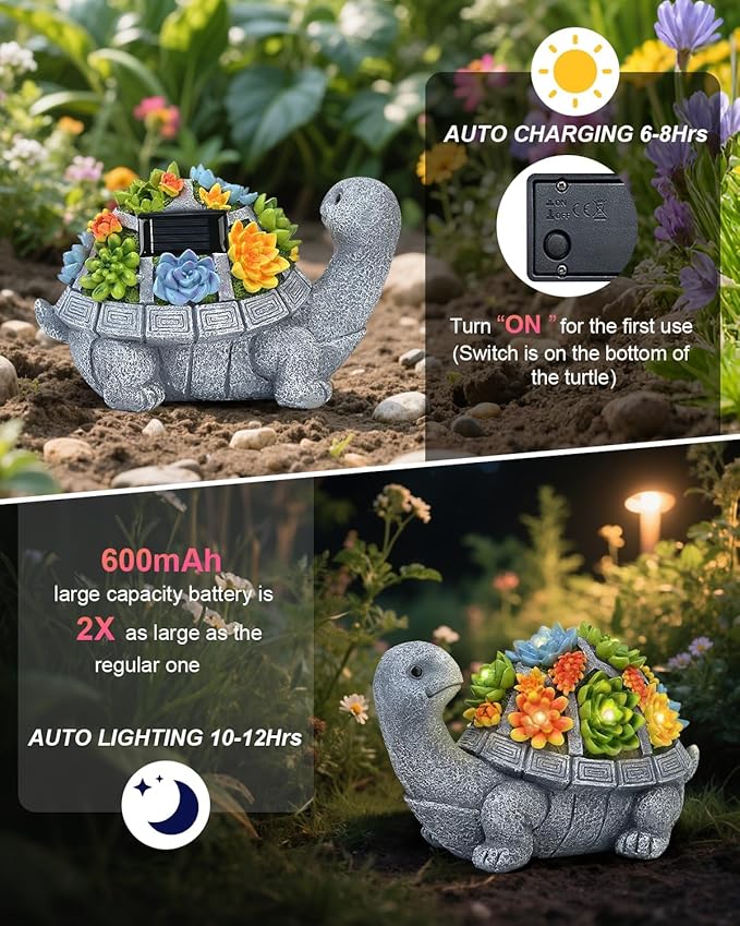 Solar Turtle Statue Garden Decor for Outside with Succulents and 7 LED Lights – 10.3 Inch Cute Lawn Ornaments for Patio, Porch, Balcony & Yard – Unique Birthday Gifts for Women Mom Grandma Wife