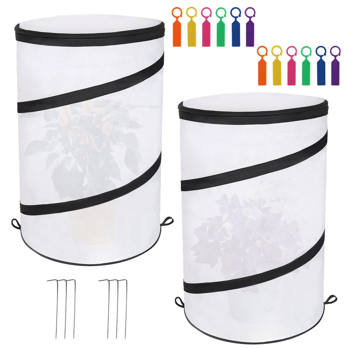 2 Pcs 12"×21" Pop Up Round Winter Frost Plant Cover,Foldable Non Woven Winter Plant Freeze Protection Tent with Ground Stakes & Label Cards,Mini Greenhouse Protector for Small Indoor&Outdoor Plants