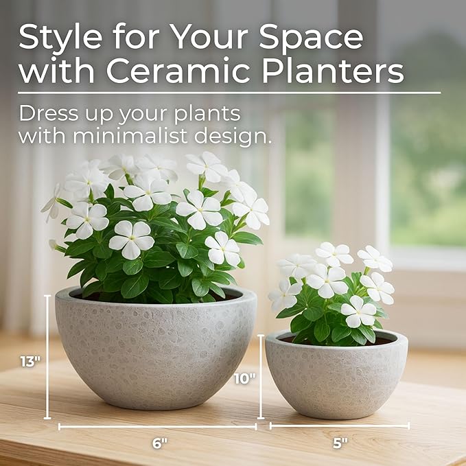 Set of 2 Clay Textured Planter Pots – Indoor Outdoor Plant Holders – Minimalist Design, Durable Pot Set for Living Room, Entryway, Bedroom, Patio or Garden Décor – 15" & 6", White