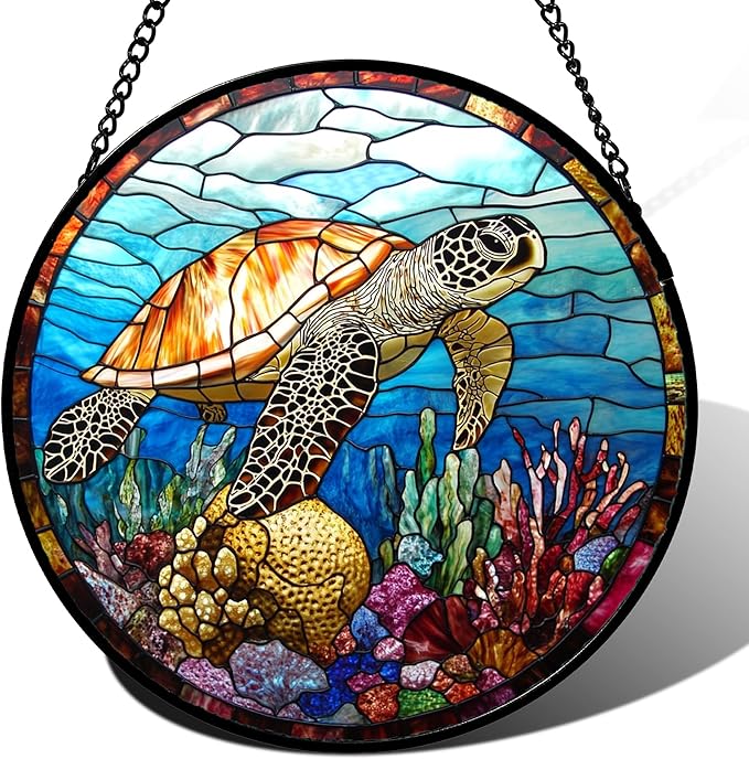 Stained Glass Window Hanging Blue Sea Ocean Coral Turtle 6.3" - Suncatcher Door Garden Sunroom Sun Catcher Home Decor Birthday Christmas for Mom Men Woman Nana