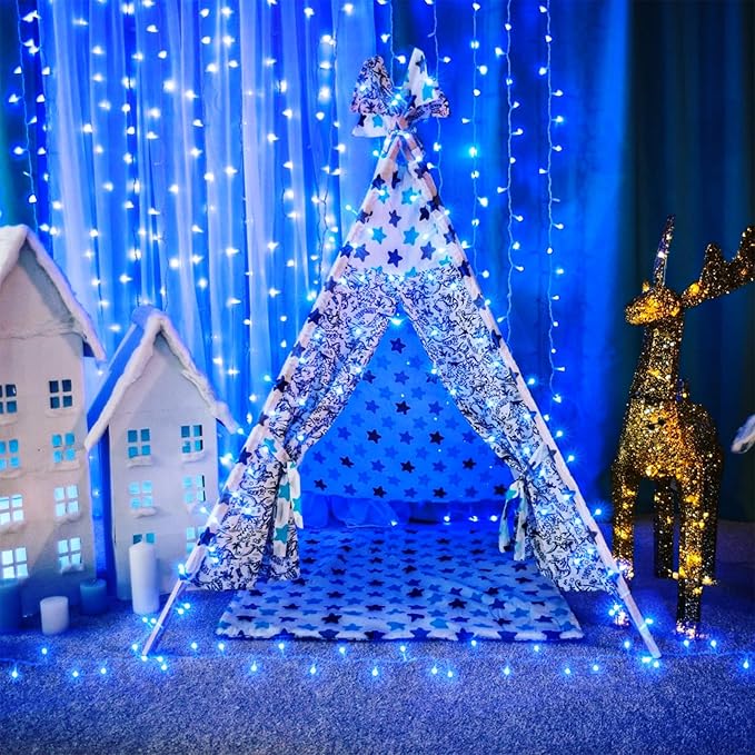 132FT 400 LED Blue String Lights Indoor, 8 Modes Clear Wire Blue Christmas Lights Outdoor Indoor, Plug in Waterproof Fairy String Lights for Christmas Bedroom Tree Decorations