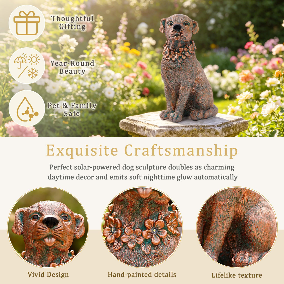 Nacome Dog Statue with Solar Flower Warm Lights Garden Decor