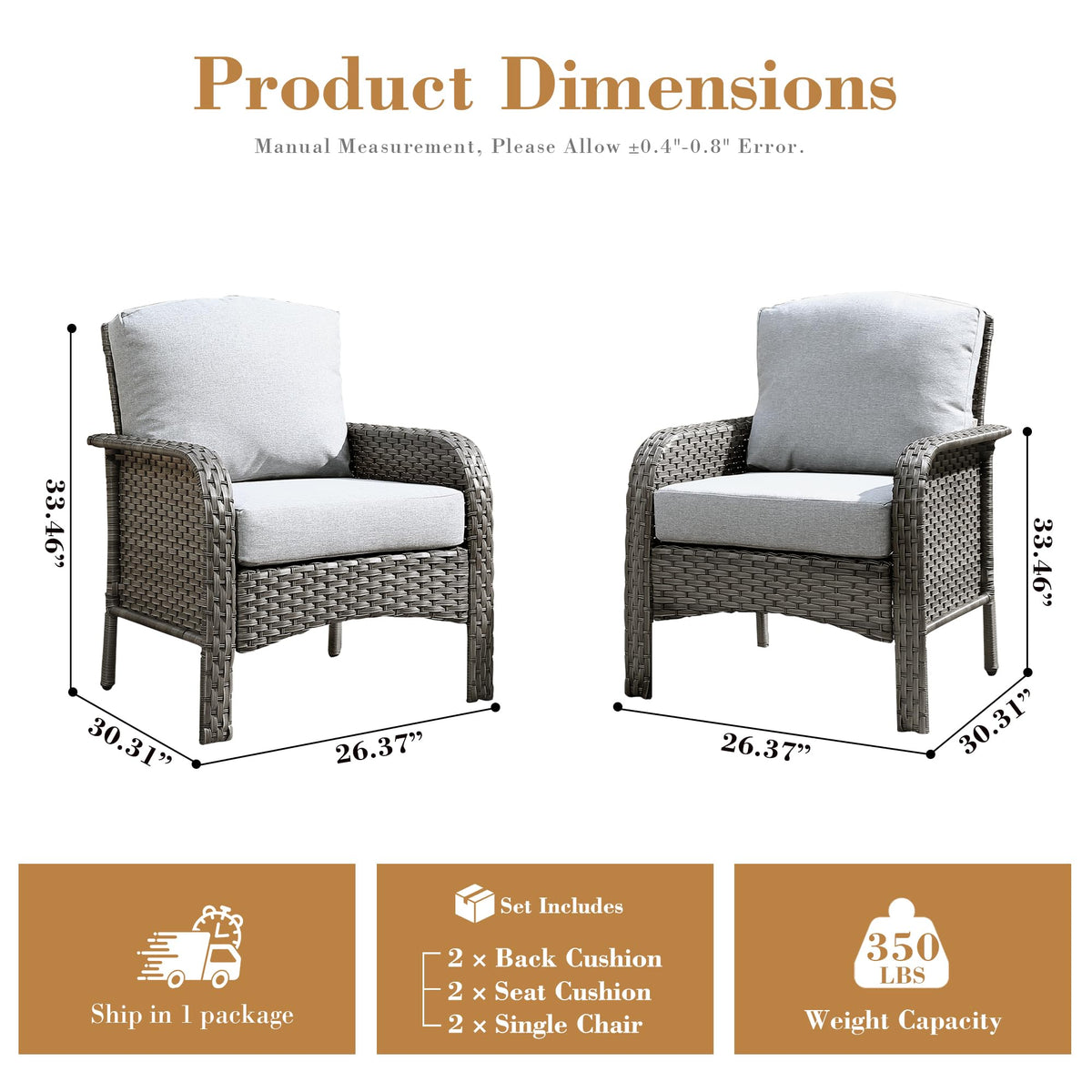 ORMONO 2 Pieces Patio Furniture Set, Two Single Chair Outdoor Furniture, All-Weather Rattan Wicker High Back Conversation Set of 2 for Small Space Porch, Backyard, Balcony, Grey