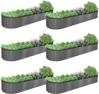 A ANLEOLIFE 6 Pcs 12X3X1.5 ft Oval Extra Large Galvanized Raised Garden Beds Outdoor for Planting Vegetables Flowers Herb, Quartz Grey