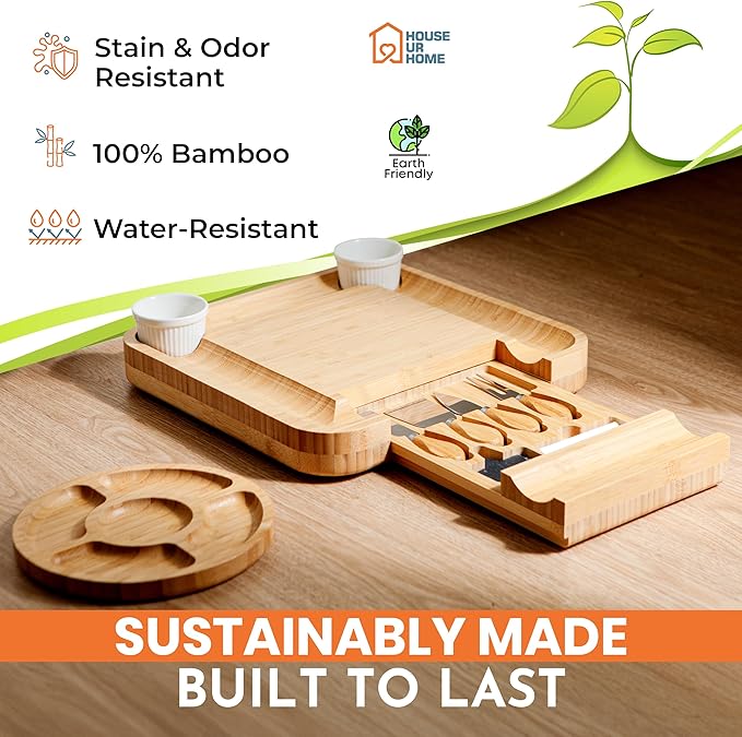 Large Bamboo Charcuterie Board Gift Set with Hidden Drawer, Fruit Tray, Knives & Bowls for Hosting & Holiday Entertaining