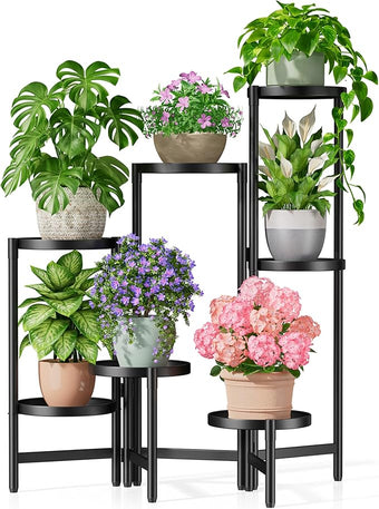 NQW 7 Tiered Metal Corner Plant Stand Indoor Outdoor, Tall Large Folding Rack with Rust Proof 7.9 Inch Wide Tray, Heavy Duty Flower Shelf for Multiple Plants for Patio - BlackDisk