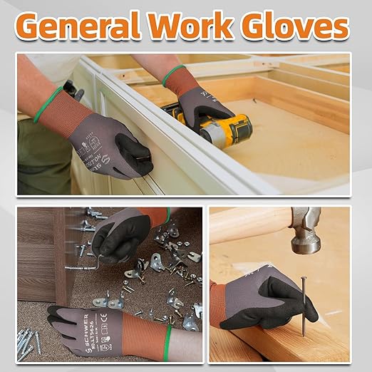 Schwer 6 Pairs Safety Work Gloves Sandy Nitrile Coated LT5626, Max Abrasion Resistant Heavy Duty Working Gloves with Grip for Men Women, Touch-Screen, for General Use, Mechanic, Construction, S