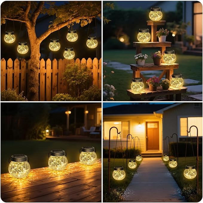 Kolpop Solar Lanterns Outdoor Waterproof 6 Pack, Hanging Solar Lights with 30 LED, Cracked Glass Hanging Globes for Garden Patio Fence Yard Christmas Tree Decoration,Warm White