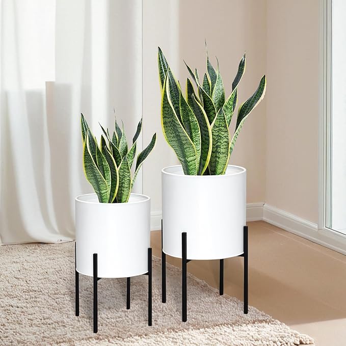 ARNIS Modern Plant Pots, Large Planters with Stand, Set of 2 Decorative Planters, Metal Pots with Drainage Holes for Living Room, Office, Garden or Balcony, 10.5 &12.25 Inch, White