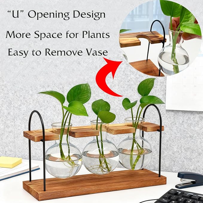 Plant Terrarium with Wooden Stand, The Ultimate Gift for Plant Lovers, Propagation Station with Retro Glass Bulbs, Creating a Stunning Tabletop Display of Hydroponic Greenery in Any Home or Office