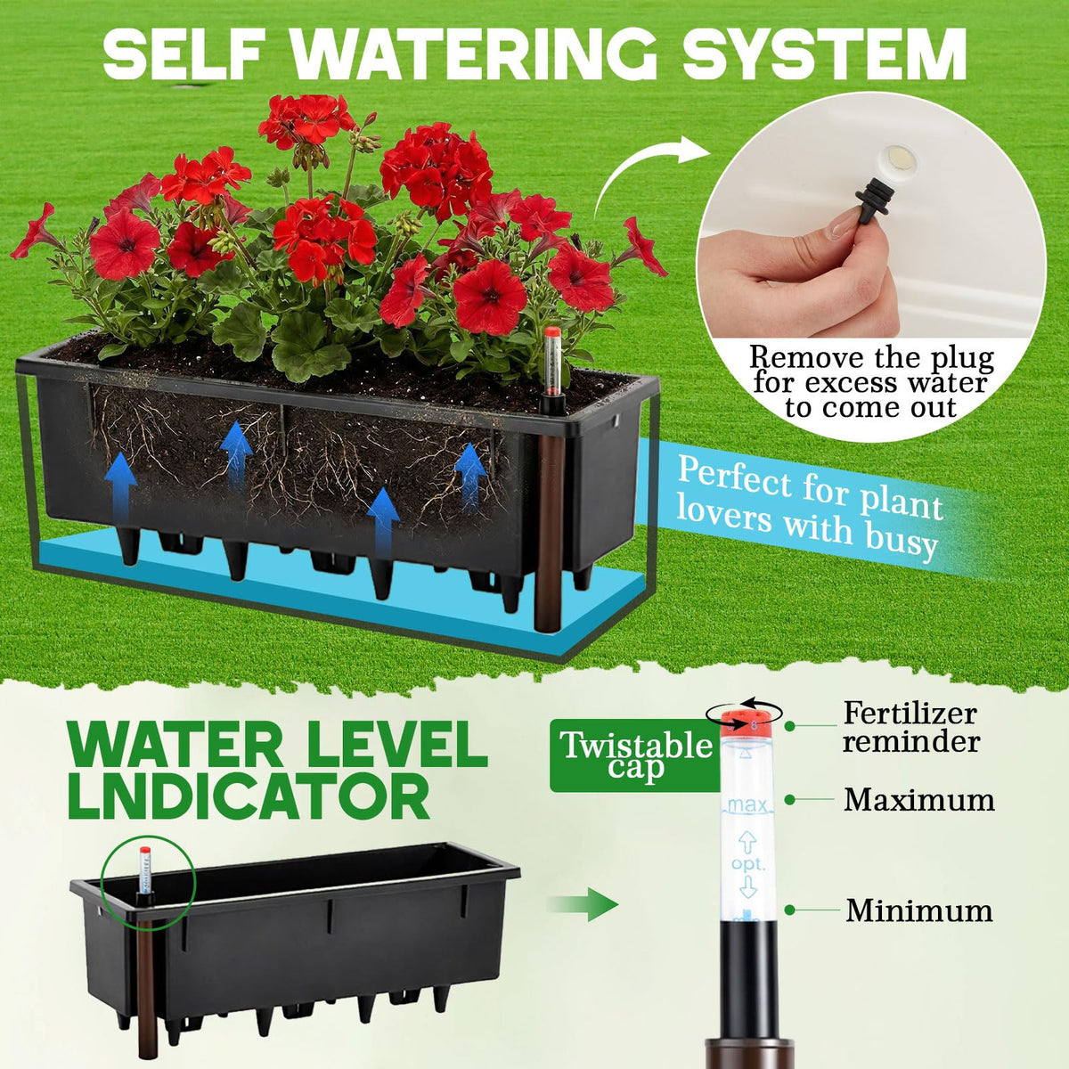 Purpeak 2 Pack Hanging Wall Planter Boxes 40" Large White Rectangular Flower Box with Window Bracket Self Watering System Railing Planter Outdoor Plant Pot Container Deck Rail Fence Balcony