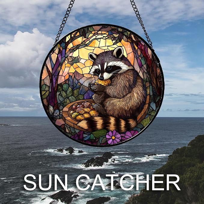 Stained Glass Window Hanging Brown Raccoon Forest Scenery Large 15" - Suncatcher Door Garden Sunroom Sun Catcher Home Decor Birthday Christmas for Mom Men Woman Nana