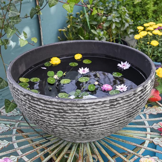 Sungmor Ash Black Resin Outdoor Low Bowl Planter Bird Bath 15.6 Inch Water Lily Succulent Pots Small Fountain Base