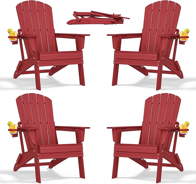 nevilywood Folding Adirondack Chair with Cup Holder Set of 4, HDPE Patio Chairs,All-Weather Outdoor Chairs for Backyard, Deck,Fire Pit-Red