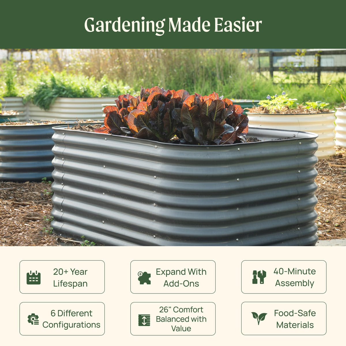 Vego garden 26" Extra Tall Raised Garden Bed Kits, 6 in 1 Modular Raised Planter Box for Vegetables Flowers Fruits Oval Metal Raised Garden Pearl White